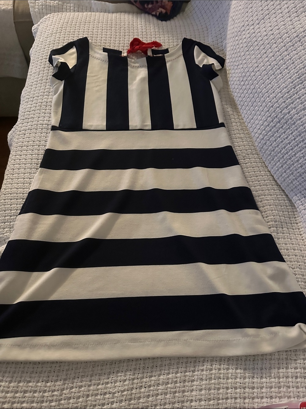 Anthropologie Navy and White Striped Short Sleeve Dress red tie M